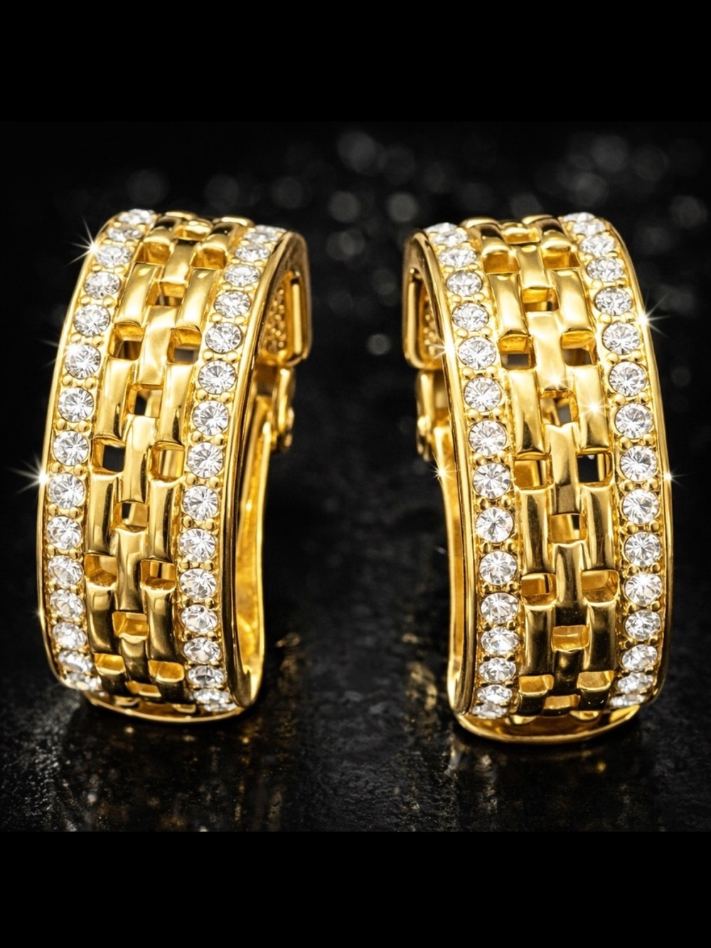 Kenneth Jay Lane KJL vintage panther Link crystal Gold clip on hoop earrings QVC